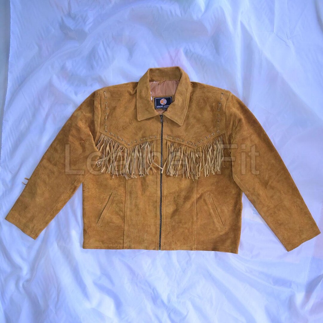 ジャケット Golden  Suede jacket with bangs Brown Men's Suede Brown Leather Fringe Jacket Motorcycle Biker