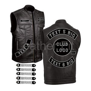 May include: Black leather vest with multiple patches. The front has pockets and patches that read "TEXT 1", "TEXT 2", "TEXT 3", and "TEXT 4". The back has a large patch with "TEXT 5 BIG", a "CLUB LOGO" and "TEXT 6 BIG".