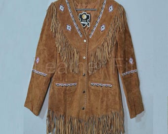 Handmade Suede Fringe Western Jacket, Cowgirl Beaded Rodeo Coat