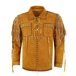 Herren Wildleder Fringe Shirt: Western Cowboy Nieten Lederjacke