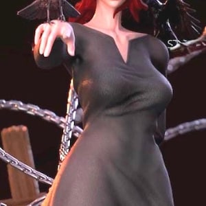 Misteriosa donna dai capelli rossi e corvo - Statua fantasy da collezione, dipinta a mano, stampata in 3D