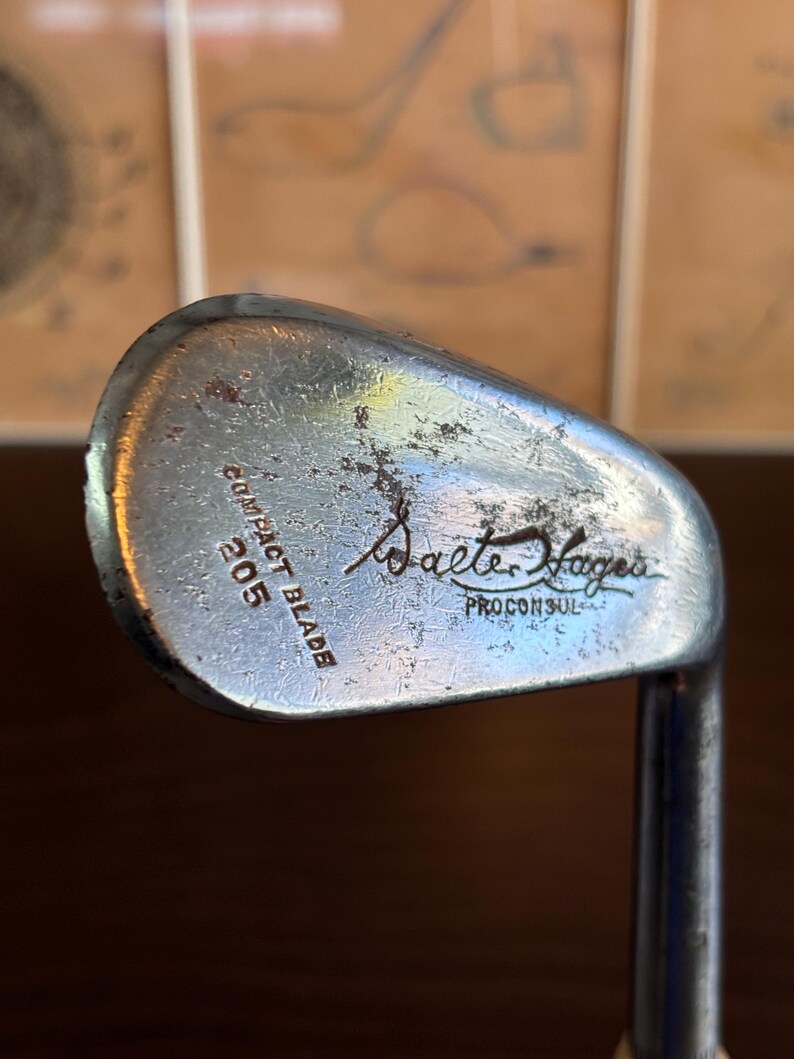 Puede incluir: Un palo de golf plateado con el texto "Walter Hagen Pro Consul Compact Blade 205" en la cara.