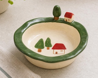 Handcraft Ceramic Snack Bowl, Hand Painted 3D Woodland Design