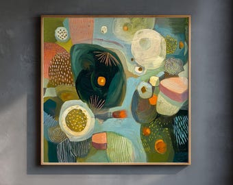 Abstract Art Print: Green Pink Artwork Wall Decor, Large Framed Square Canvas