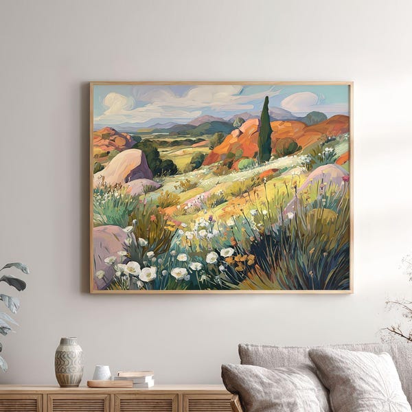 Desert Landscape Art Print: Southwest Wildflowers, Red Rocks