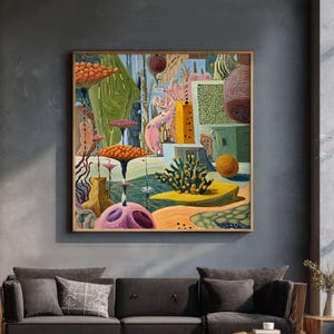 May include: A framed abstract painting with a surreal landscape. The artwork features a variety of shapes and colors, including orange, green, yellow, and purple. The painting is displayed above a dark gray sofa in a modern living room setting.