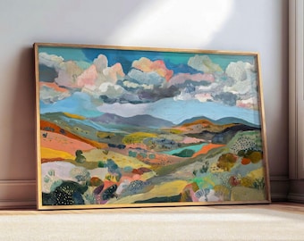 Abstract Landscape Art Print, Colorful Desert Rolling Hills Painting Wall Decor, Large Framed Canvas