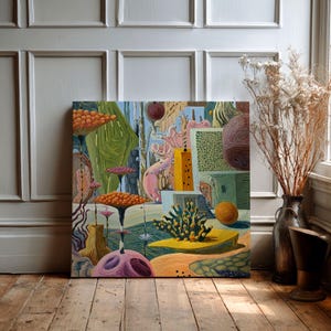 May include: A colorful abstract painting featuring a surreal landscape with mushroom-like forms, geometric shapes, and a yellow structure. The artwork is displayed on a wooden floor, leaning against a white wall.