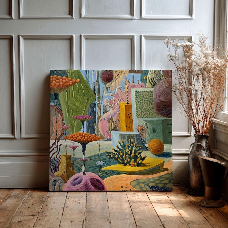 May include: A colorful abstract painting featuring a surreal landscape with mushroom-like forms, geometric shapes, and a yellow structure. The artwork is displayed on a wooden floor, leaning against a white wall.