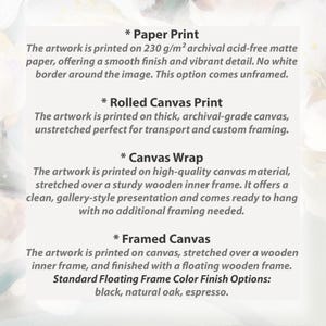 May include: Text description of four print options: Paper Print, Rolled Canvas Print, Canvas Wrap, and Framed Canvas. Each option details the material, finish, and framing options available for artwork prints. The text includes details about archival paper, canvas, and frame colors.