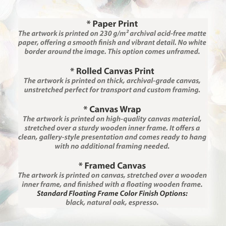 May include: Text description of four print options: Paper Print, Rolled Canvas Print, Canvas Wrap, and Framed Canvas. Each option details the material, finish, and framing options available for artwork prints. The text includes details about archival paper, canvas, and frame colors.
