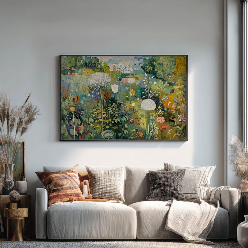 Floral Art Print: Wildflowers Landscape Painting, Large Wall Decor ...