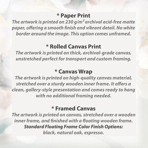 May include: Text description of four print options: Paper Print, Rolled Canvas Print, Canvas Wrap, and Framed Canvas. Each option details the material, finish, and framing options available for artwork prints. The text includes details about archival paper, canvas, and frame colors.
