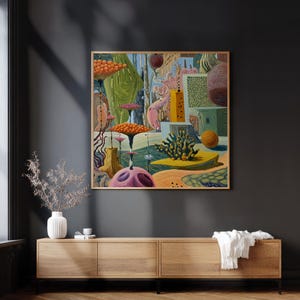 May include: A framed abstract painting with a surreal landscape. The artwork features vibrant colors, including orange, green, pink, and yellow. The composition includes mushroom-like forms, geometric shapes, and a textured background, creating a whimsical and imaginative scene.