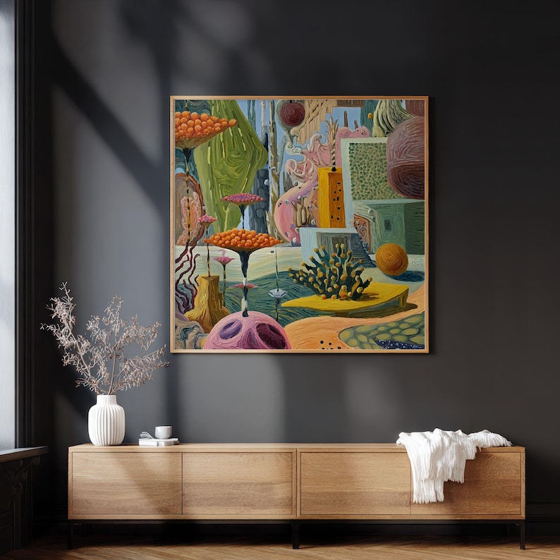May include: A framed abstract painting with a surreal landscape. The artwork features vibrant colors, including orange, green, pink, and yellow. The composition includes mushroom-like forms, geometric shapes, and a textured background, creating a whimsical and imaginative scene.