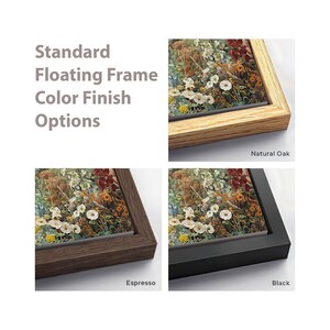 May include: Four framed art prints with floral artwork, each in a different frame color: natural oak, espresso, and black. The text "Standard Floating Frame Color Finish Options" is displayed.