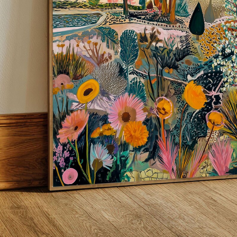 May include: A framed floral painting with a vibrant display of colorful flowers. The artwork features a variety of blooms in shades of pink, orange, yellow, and green, set against a backdrop of foliage and a blue sky. The painting is in a wooden frame.