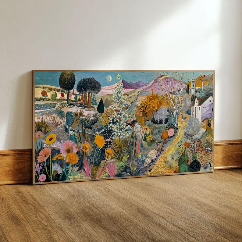 May include: A framed landscape painting featuring a vibrant, colorful scene. The artwork depicts a whimsical garden with flowers, trees, and a distant mountain range. The color palette includes shades of blue, green, yellow, and pink.