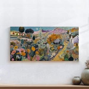 May include: A landscape painting featuring a vibrant scene with colorful flowers, trees, and a distant mountain range. The artwork showcases a variety of plants and a small village with white buildings. The color palette includes blues, greens, yellows, and pinks.