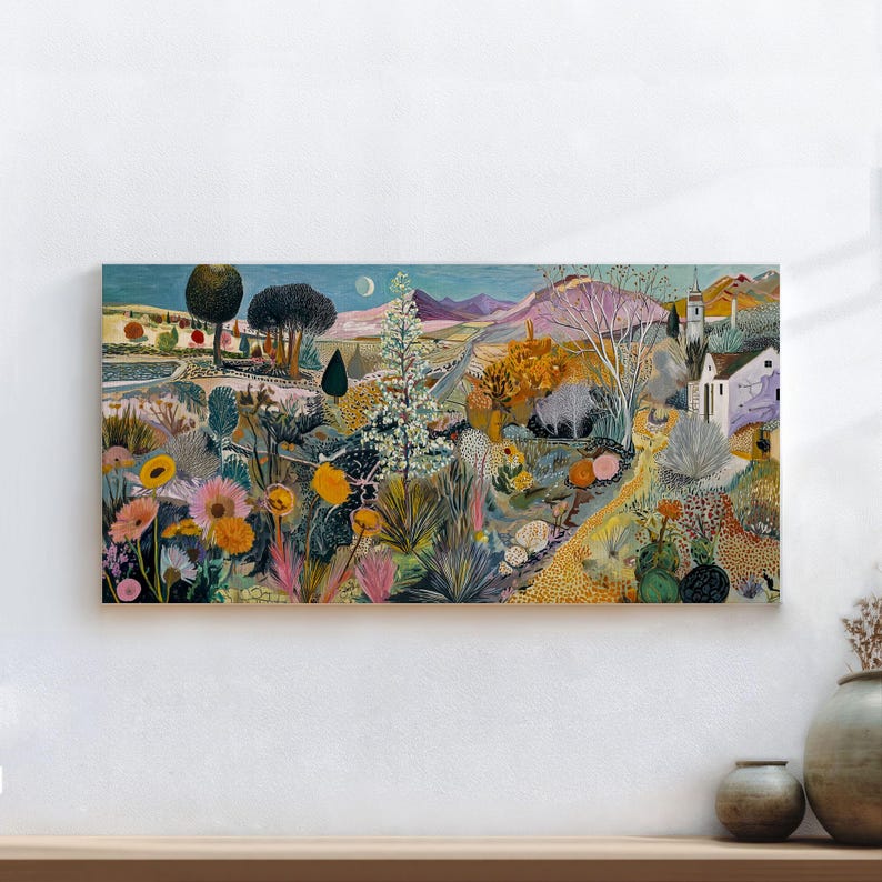 May include: A landscape painting featuring a vibrant scene with colorful flowers, trees, and a distant mountain range. The artwork showcases a variety of plants and a small village with white buildings. The color palette includes blues, greens, yellows, and pinks.