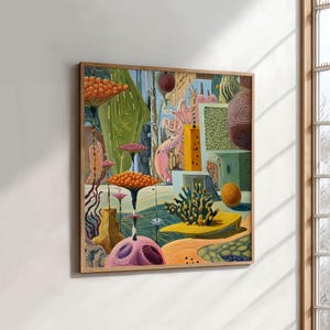 May include: A framed abstract painting with a wooden frame. The artwork features a surreal landscape with vibrant colors. Orange, pink, yellow, and green hues dominate the scene, depicting mushroom-like forms and geometric shapes. The painting is displayed on a white wall.