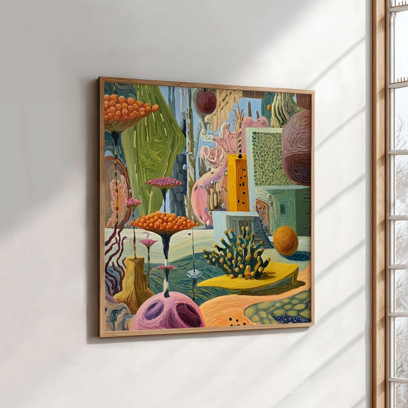 May include: A framed abstract painting with a wooden frame. The artwork features a surreal landscape with vibrant colors. Orange, pink, yellow, and green hues dominate the scene, depicting mushroom-like forms and geometric shapes. The painting is displayed on a white wall.