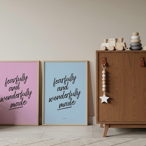 Christian baby poster, Psalm 139, Fearfully and wonderfully made, blue pink nursery wall art, baby girl boy gift, Christian decor