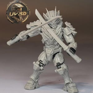 May include: A gray unpainted 3D printed action figure of a futuristic armored warrior wearing a spiked helmet and chest plate. The figure holds two long swords crossed in front of its body. A circular logo with the text UV3D is in the corner.