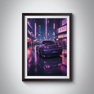 Nissan Skyline GT-R R34 Night Drive Poster – JDM Car Wall Art, Neon Tokyo Cityscape, Street Racing, Gift for Car Lovers - In Great Quality