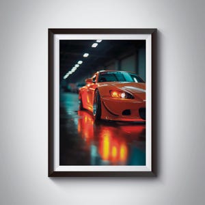 May include: A bright orange sports car with black accents is parked in a dimly lit garage. The car's headlights are on, casting a warm glow on the wet floor.