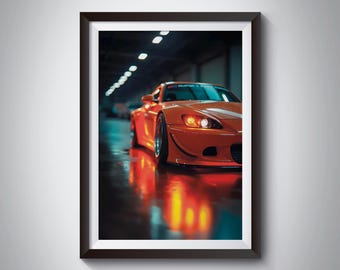 May include: A bright orange sports car with black accents is parked in a dimly lit garage. The car's headlights are on, casting a warm glow on the wet floor.