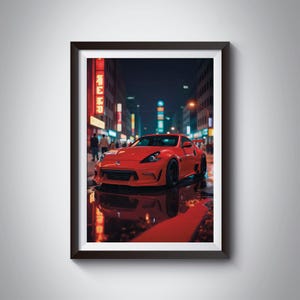 Pode incluir: Um carro desportivo vermelho está estacionado numa rua da cidade à noite. O carro está rodeado de edifícios com letreiros de néon. O carro reflete-se num charco de água na rua.