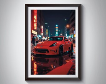 May include: A red sports car is parked in a city street at night. The car is surrounded by buildings with neon signs. The car is reflecting in a puddle of water on the street.