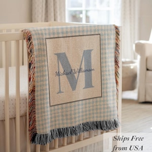 Personalized baby boy blanket with name monogram baby blanket newborn gingham nursery decor for baby shower gift for mom hospital blanket
