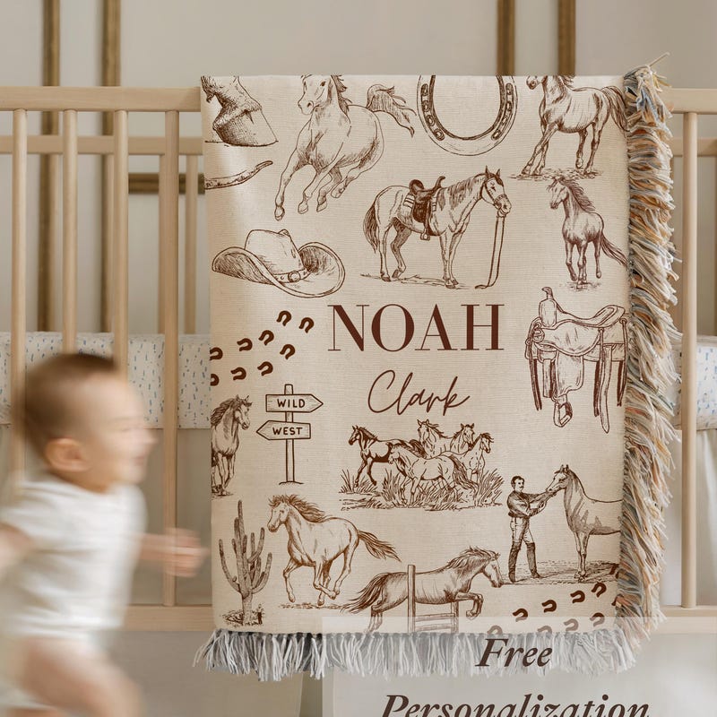 Personalized Baby Blanket Custom Nursery Bedding Cotton Cowboy Quilt Western Horse Throw Monogram Equestrian Gift Fringe Horseshoe Design