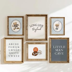 May include: A collection of framed vintage sports-themed teddy bear art prints. The prints feature baseball, basketball, and football illustrations, along with the text "LONG LIVE Boyhood" and "LITTLE MAN CAVE".