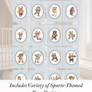 May include: A collection of illustrated cards featuring teddy bears engaged in various sports. The bears are depicted in outfits representing baseball, basketball, boxing, cricket, and more. The cards have a blue and white striped background and oval frames.