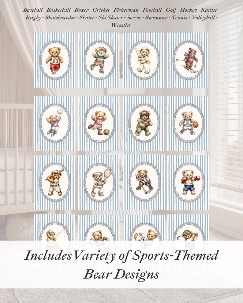 May include: A collection of illustrated cards featuring teddy bears engaged in various sports. The bears are depicted in outfits representing baseball, basketball, boxing, cricket, and more. The cards have a blue and white striped background and oval frames.