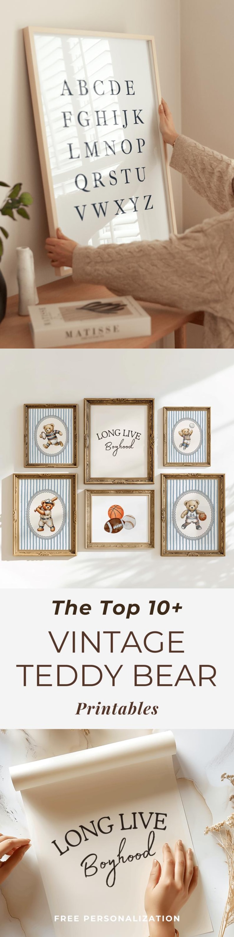 May include: A collection of framed vintage teddy bear prints. The prints feature a variety of teddy bears playing sports, along with an alphabet print and a print that says "Long Live Boyhood". The frames have a gold finish.