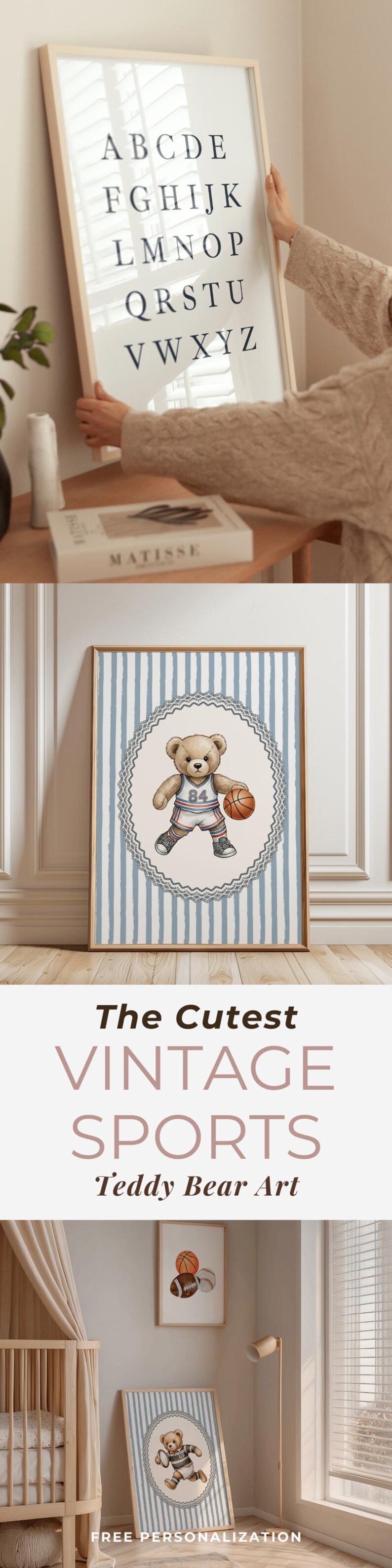 May include: Framed art print featuring a teddy bear in a basketball uniform, holding a basketball. The artwork is set against a blue and white striped background, with a decorative border. The text "The Cutest Vintage Sports Teddy Bear Art" is displayed.