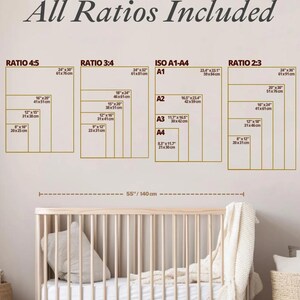 May include: A wooden crib with a white mattress and a cream-colored blanket. Above the crib, a display shows various print ratios and sizes, including 24"x30" (61x76cm), and the text "All Ratios Included".