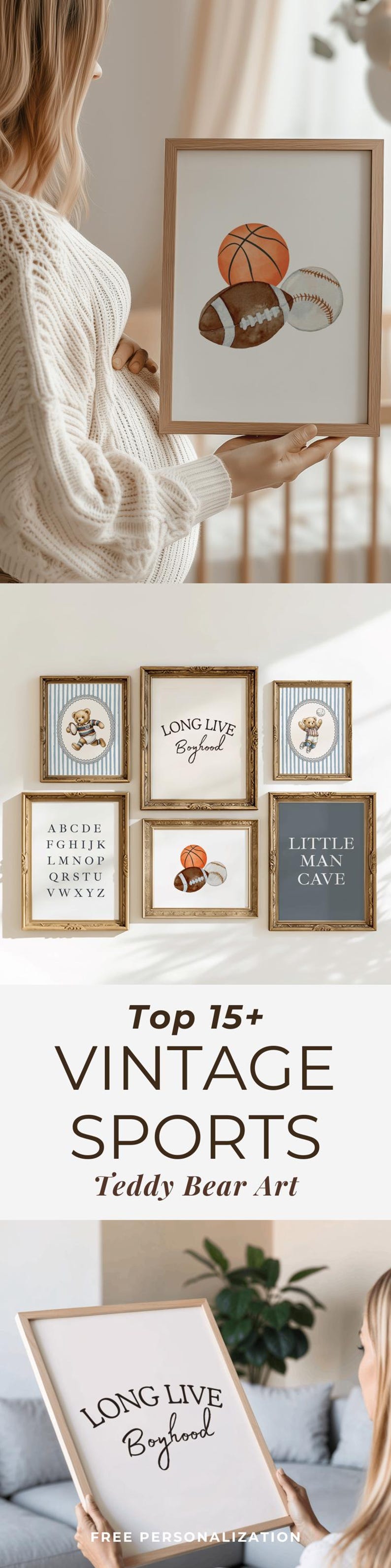 May include: A collection of framed art prints featuring sports themes. The prints include a basketball, football, and baseball, along with text that reads "Long Live Boyhood" and "Little Man Cave". The art is in a vintage style.