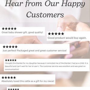 May include: Image with text that reads "Hear from Our Happy Customers." The image shows customer reviews with 5-star ratings. Reviews mention baby shower gifts, product quality, and customer service.