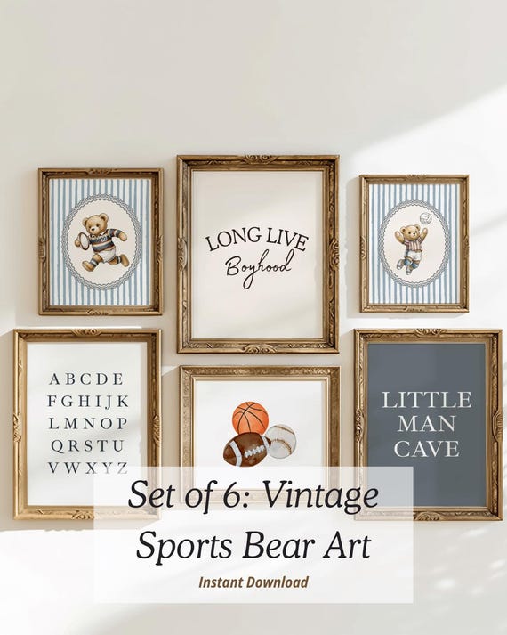 Vintage sports nursery teddy bear wall art baby boy nursery prints set of 6 golf nursery decor football digital download printable gallery