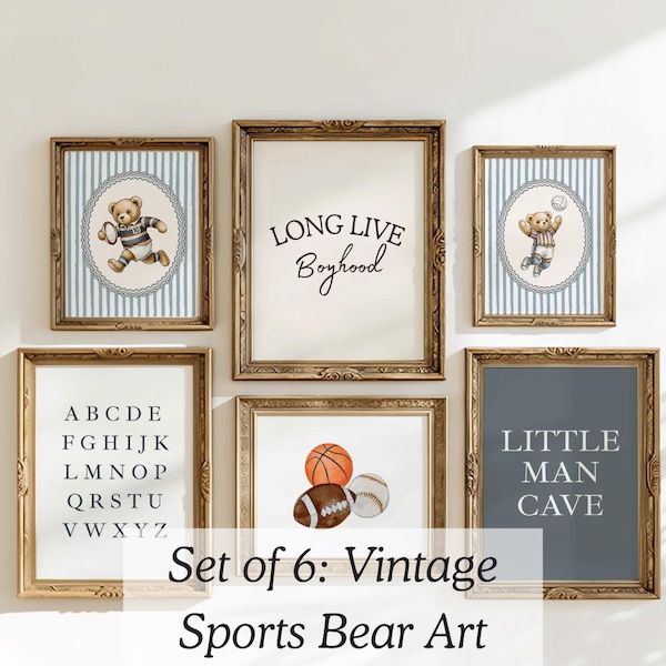 art mural vintage sports chambre d'enfant ours en peluche impression de chambre de bébé garçon lot de 6 décoration de chambre d'enfant de golf football téléchargement numérique galerie imprimable