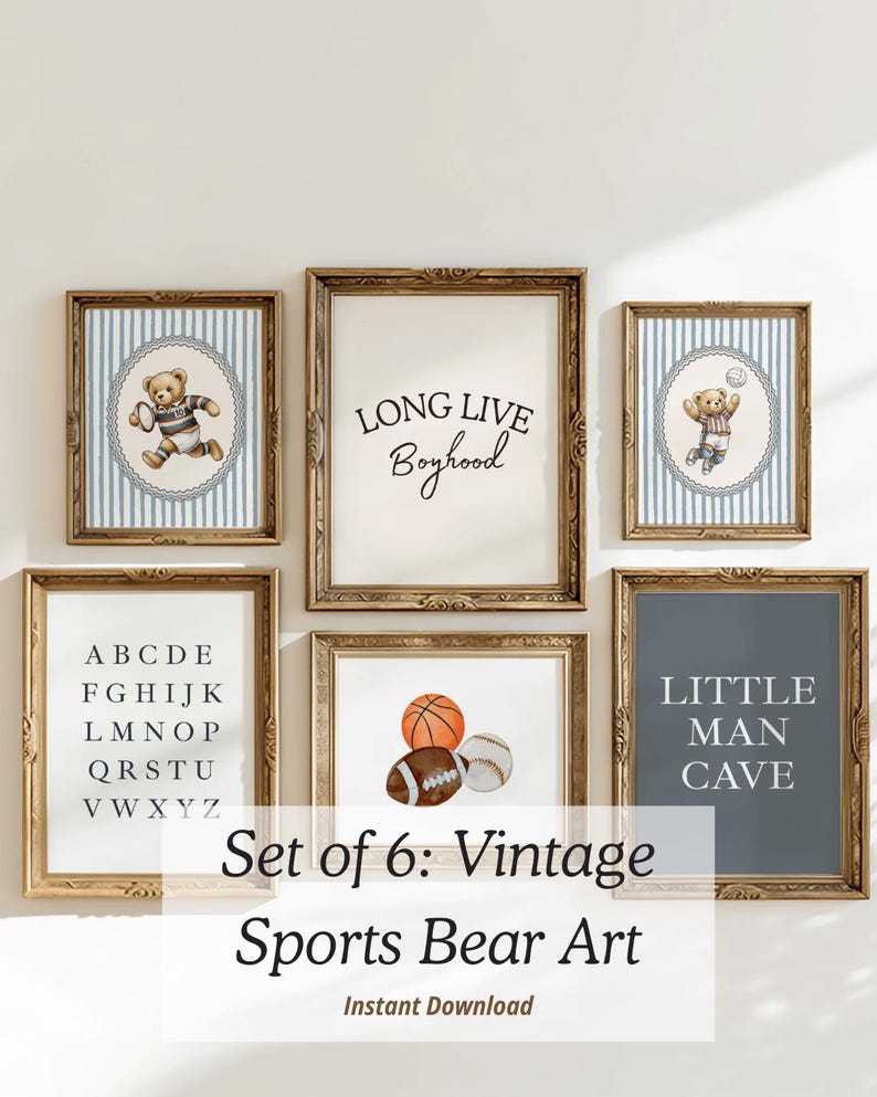 Vintage sports nursery teddy bear wall art