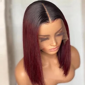 Short Straight Bob Human Hair Wig 1B-99J burgundy Colored Remy Hair Lace Front Wig Natural Look