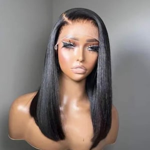 200 Density Bob Human Hair Wig Natural black 14 inches preplucked with baby hair natural hairline top swiss lace