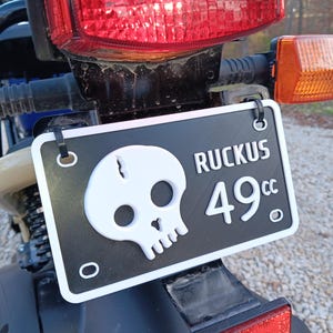 May include: A black and white motorcycle license plate with a white skull and crossbones graphic and the text "RUCKUS 49cc".