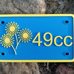 May include: A blue and yellow license plate style sign with a floral design and the number 49CC.
